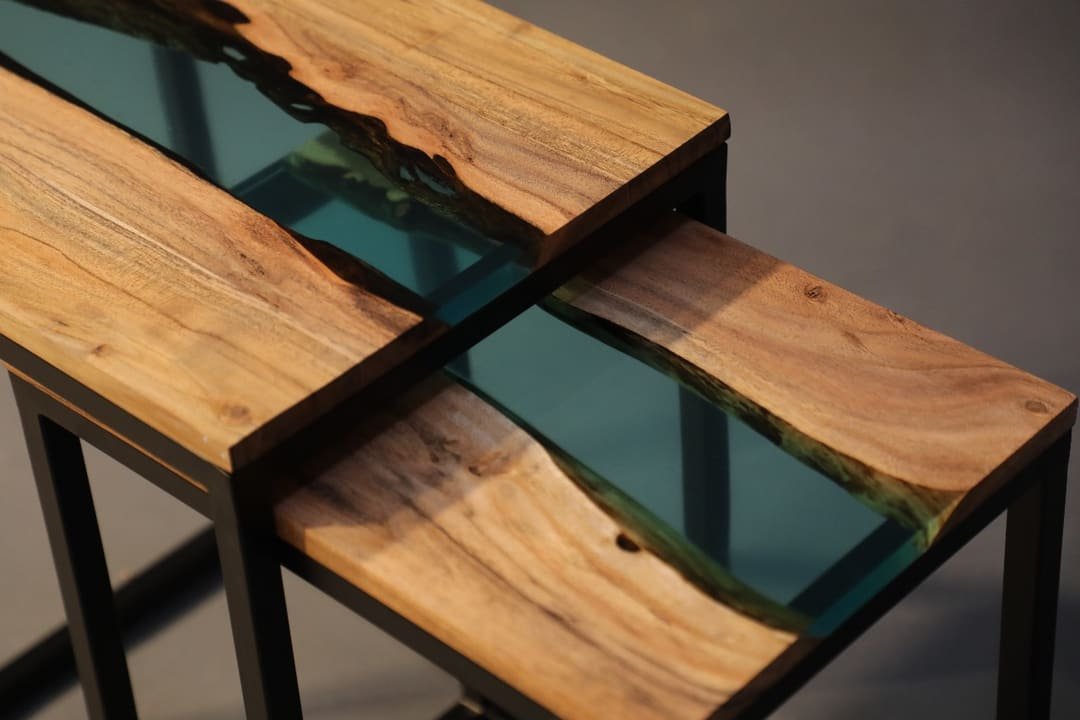 Handmade resin river table with teal resin, made by Family Hub in Jodhpur